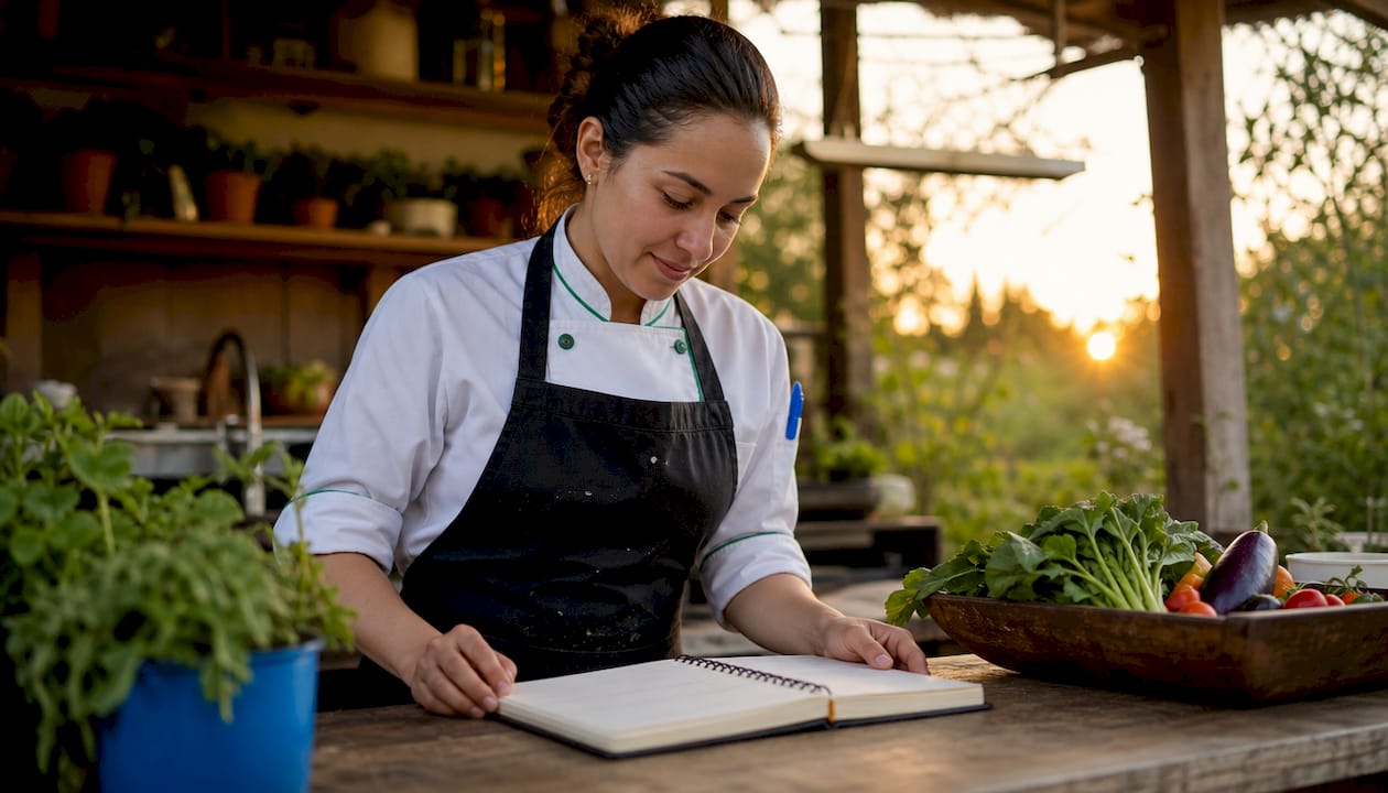 El chef revisa la propuesta de platos para la próxima semana en el restaurante.