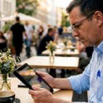 El gerente consulta el menú digital en varios idiomas desde su tablet.